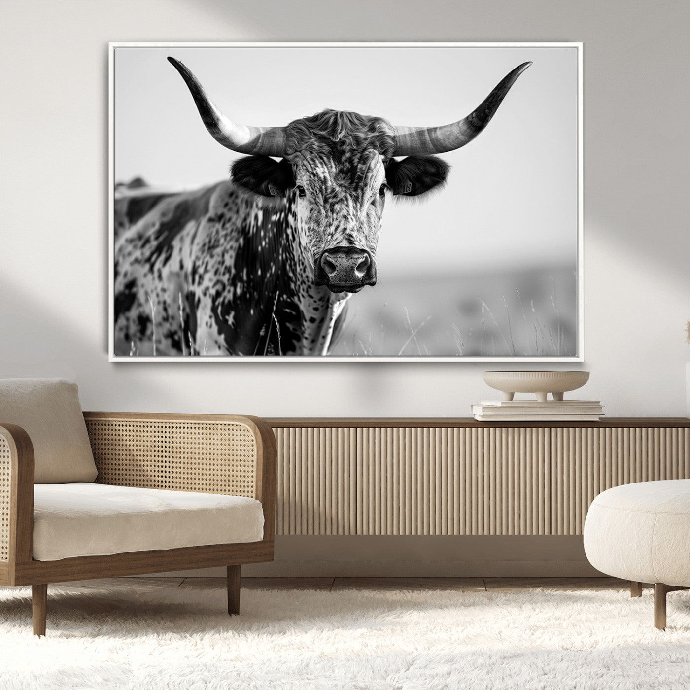 MGV-FC-36X24 - Texas Highland Cow Longhorn Canvas Print - Rustic Farmhouse Wall Art - Large Texas Longhorn