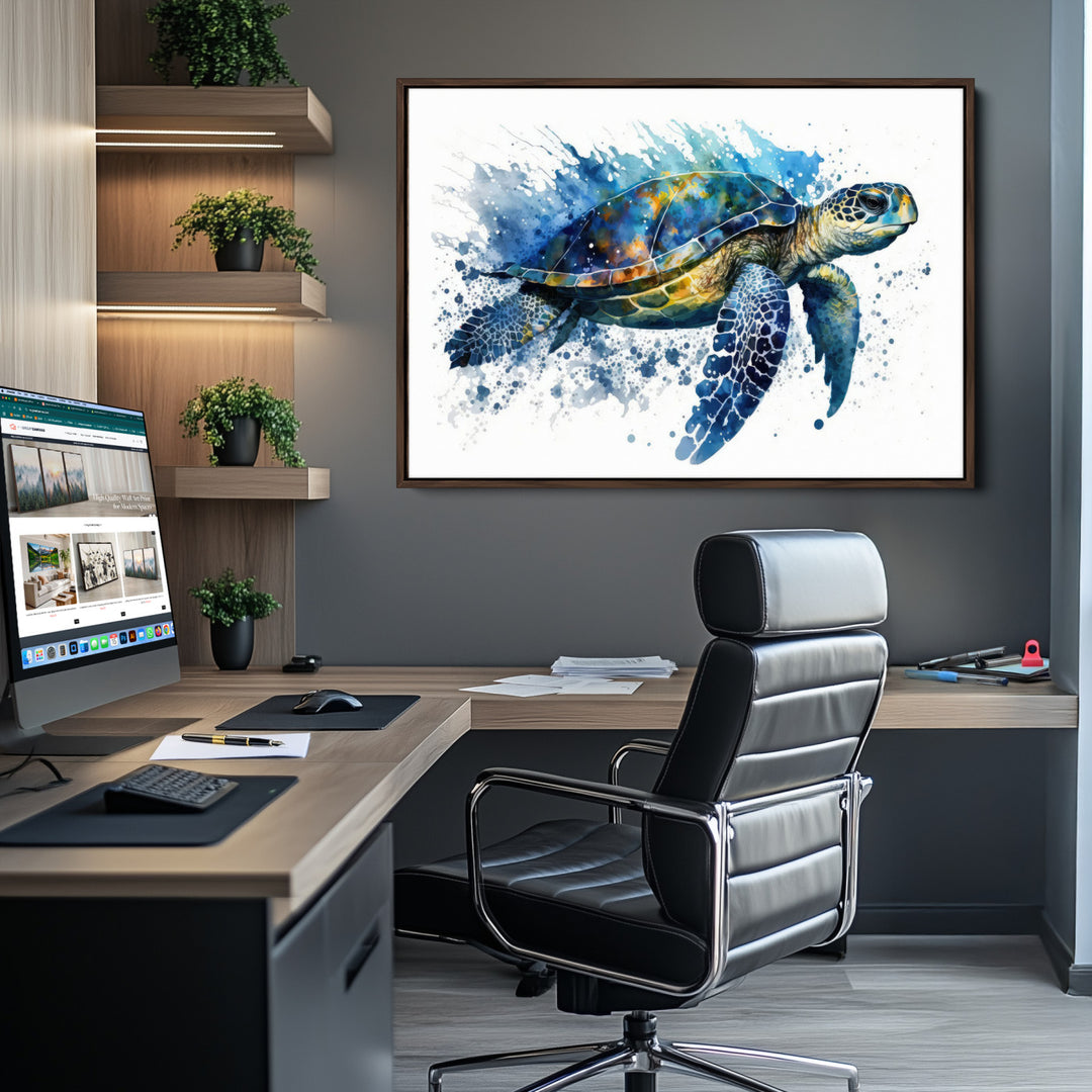 The Turtle Wall Art Print, featuring blue splashes, beautifully showcases Ocean Life.