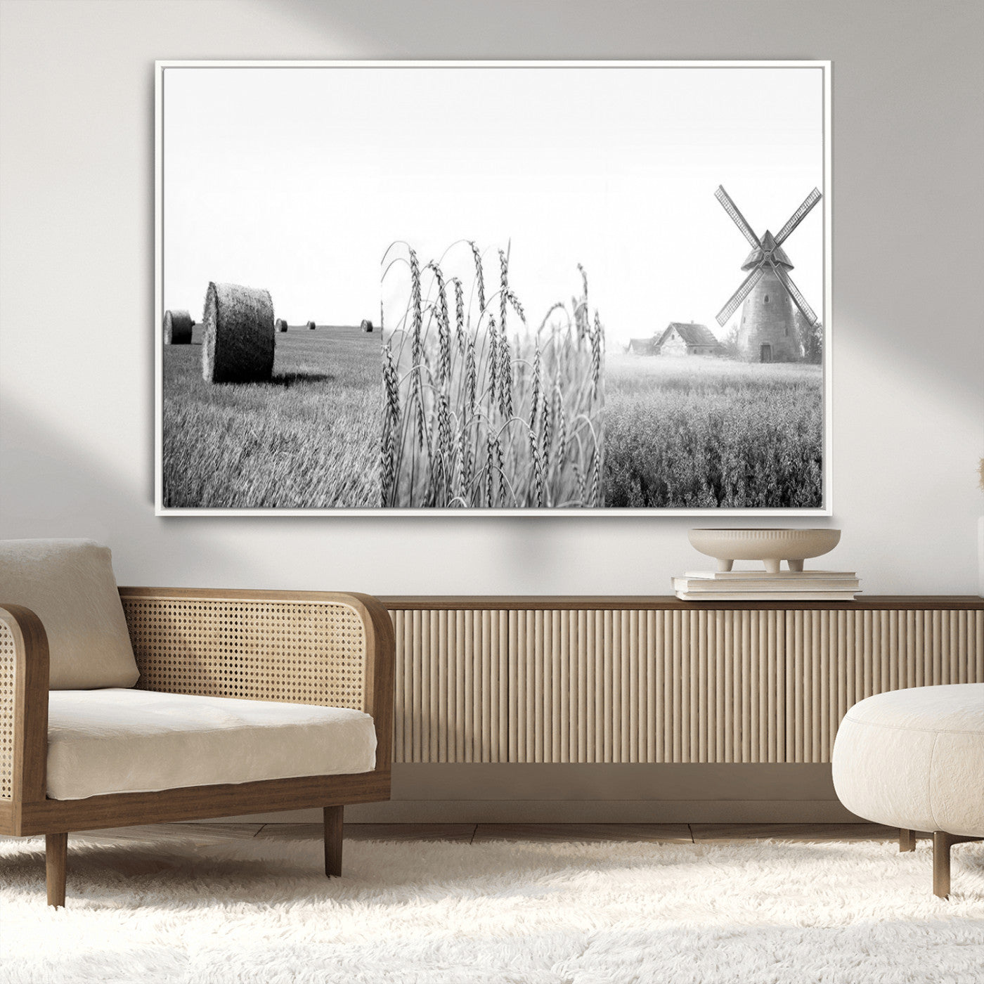 MGV-FC-36X24 - Vintage Farmhouse Black and White Triptych Wall Art – Giclee Canvas Featuring Wheat Fields, Hay
