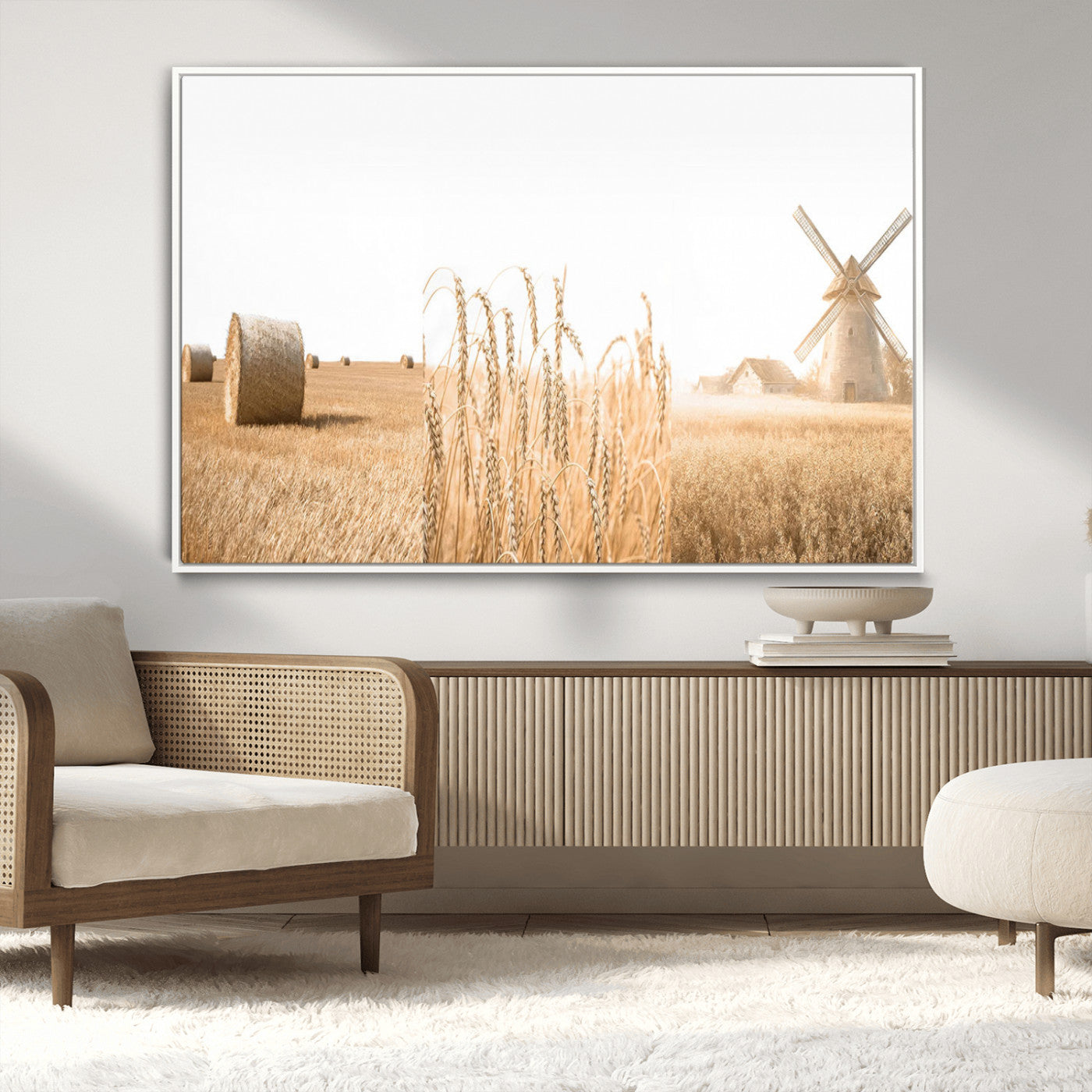 MGV-FC-36X24 - Vintage Farmhouse Triptych Wall Art – Giclée Canvas Featuring Wheat Fields, Hay Bales, and a