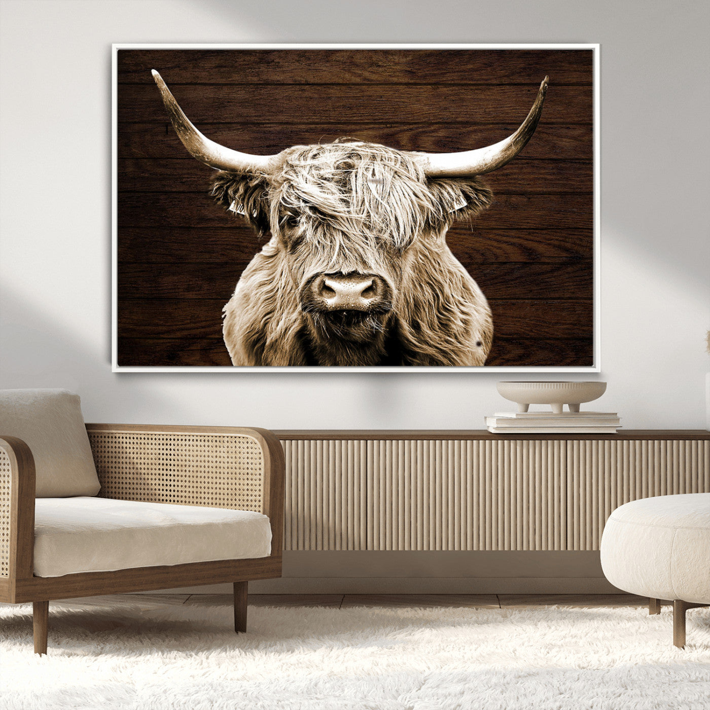 MGV-FC-36X24 - Highland Cow Wall Art Canvas Print, Rustic Farmhouse Decor, Majestic Scottish Highland Bull Portrait