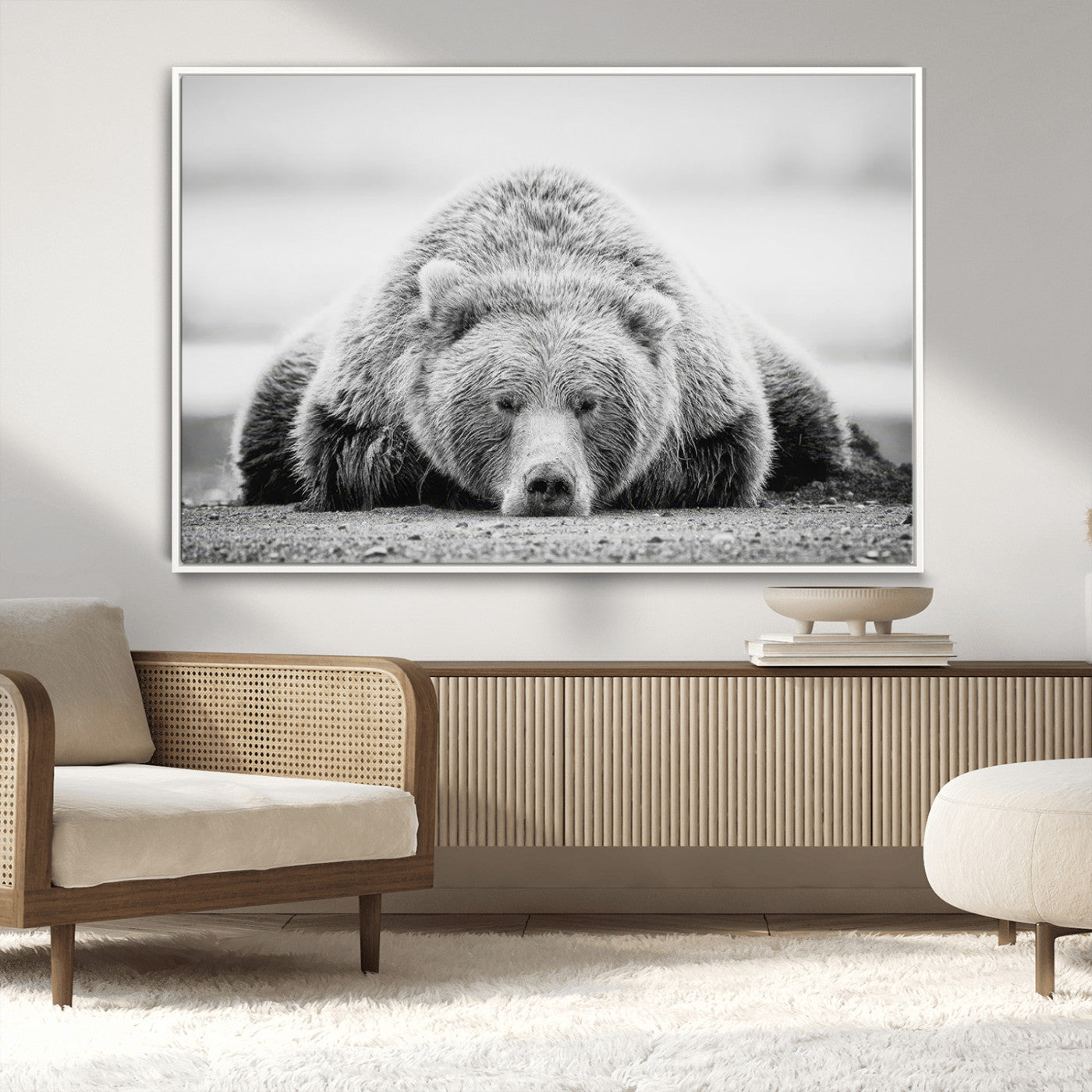 MGV-FC-36X24 - Resting Grizzly Bear Wall Art Canvas Print – Majestic Lazy Black and White Wildlife Bear Art,