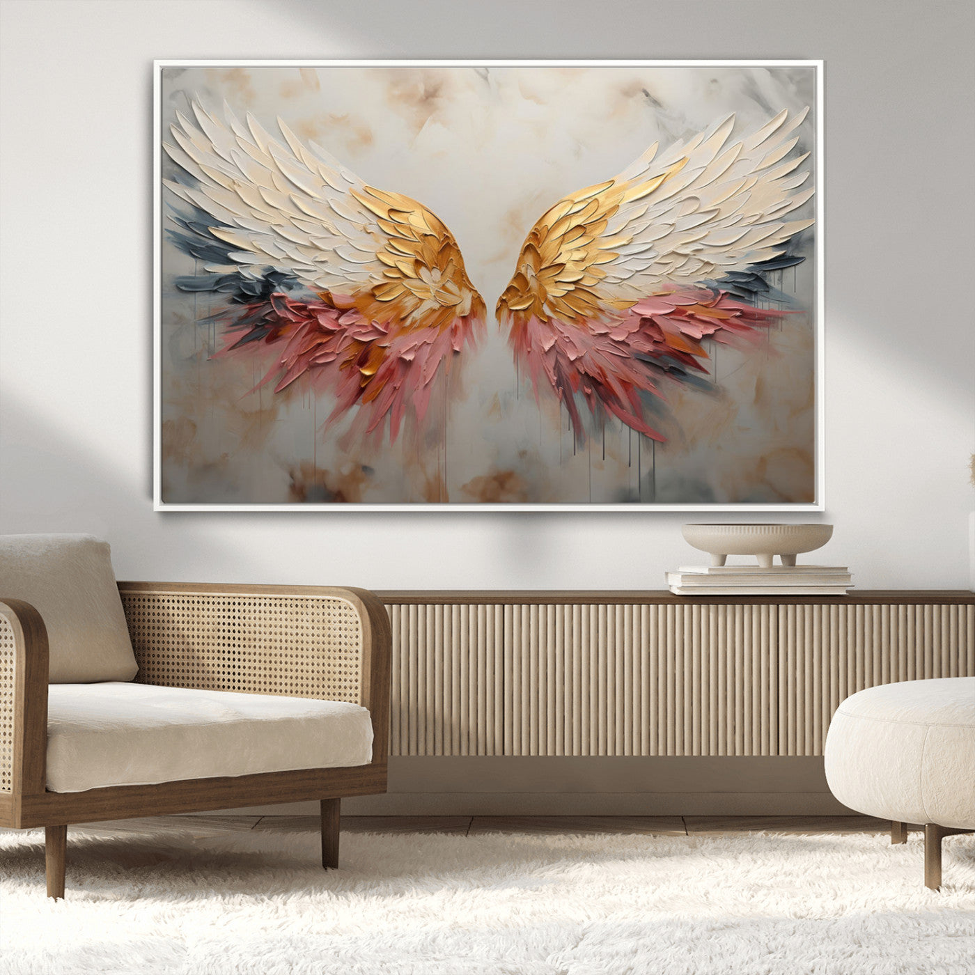 MGV-FC-36X24 - Golden Angel Wings Wall Art Canvas Print – Stunning Abstract Winged Art for Elegant Home Decor –