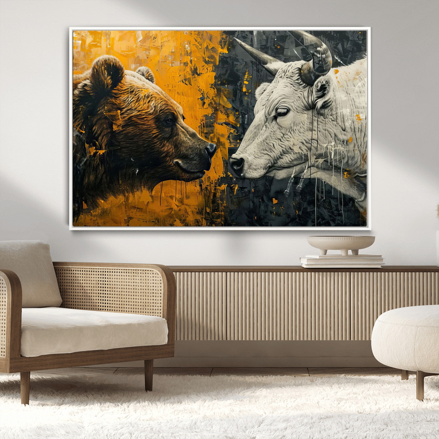MGV-FC-36X24 - Bear and Bull Wall Art Canvas Print – Abstract Animal Portrait Painting for Modern Home Decor –