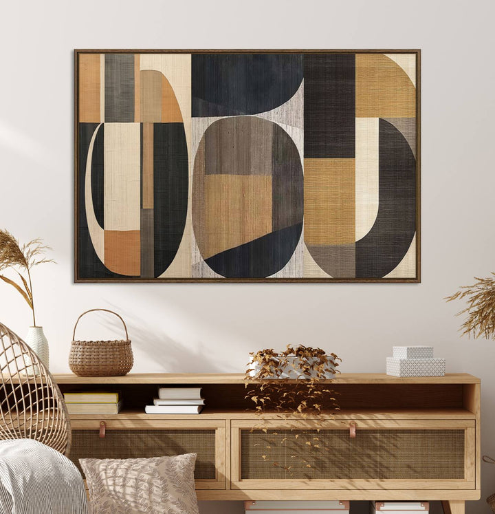 Framed Wabi Sabi Art Print: A modern minimalist geometric canvas featuring earthy tones and overlapping rounded shapes. Ready to hang.