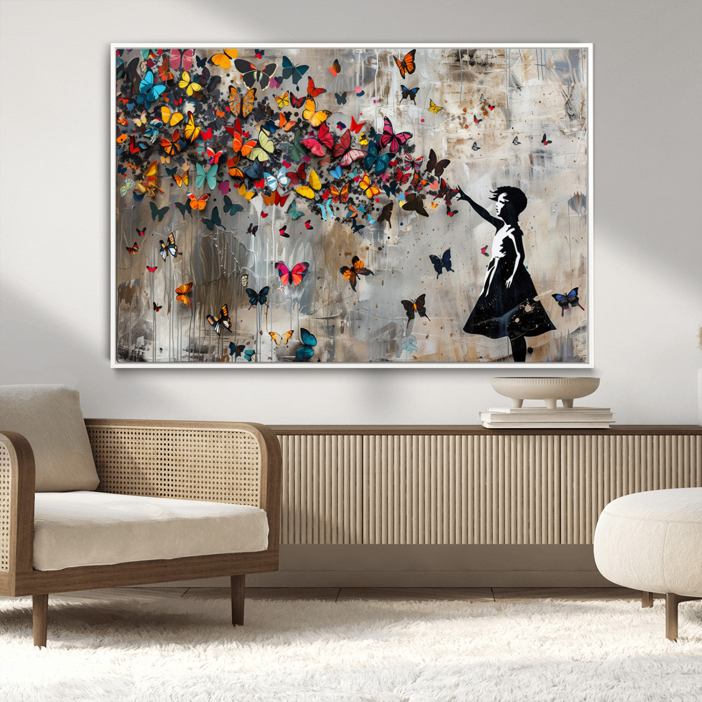 MGV-FC-36X24 - Banksy Wall Art - Banksy Girl and Butterfly Explosion Wall Art Canvas Print | Girl with Butterflies