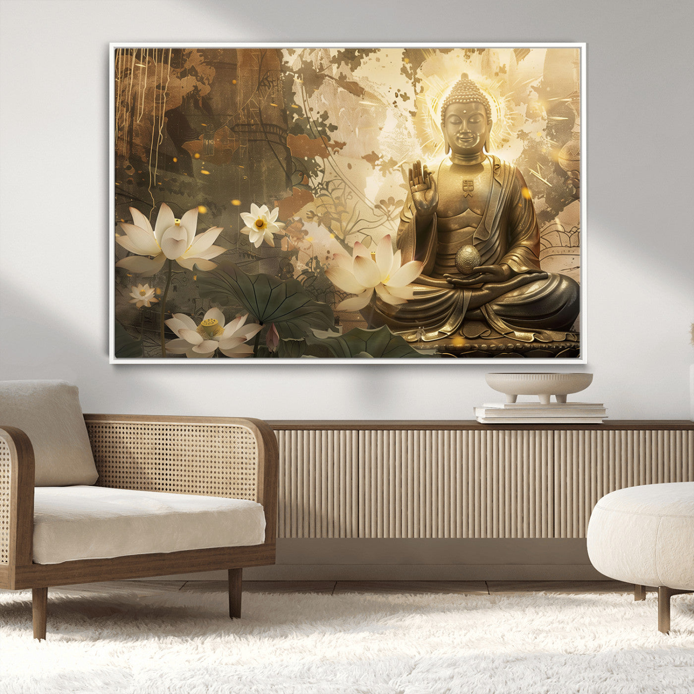 MGV-FC-36X24 - Zen Buddha Wall Art Canvas Print | Peaceful Meditation Decor with Lotus Flowers | Spiritual Serenity