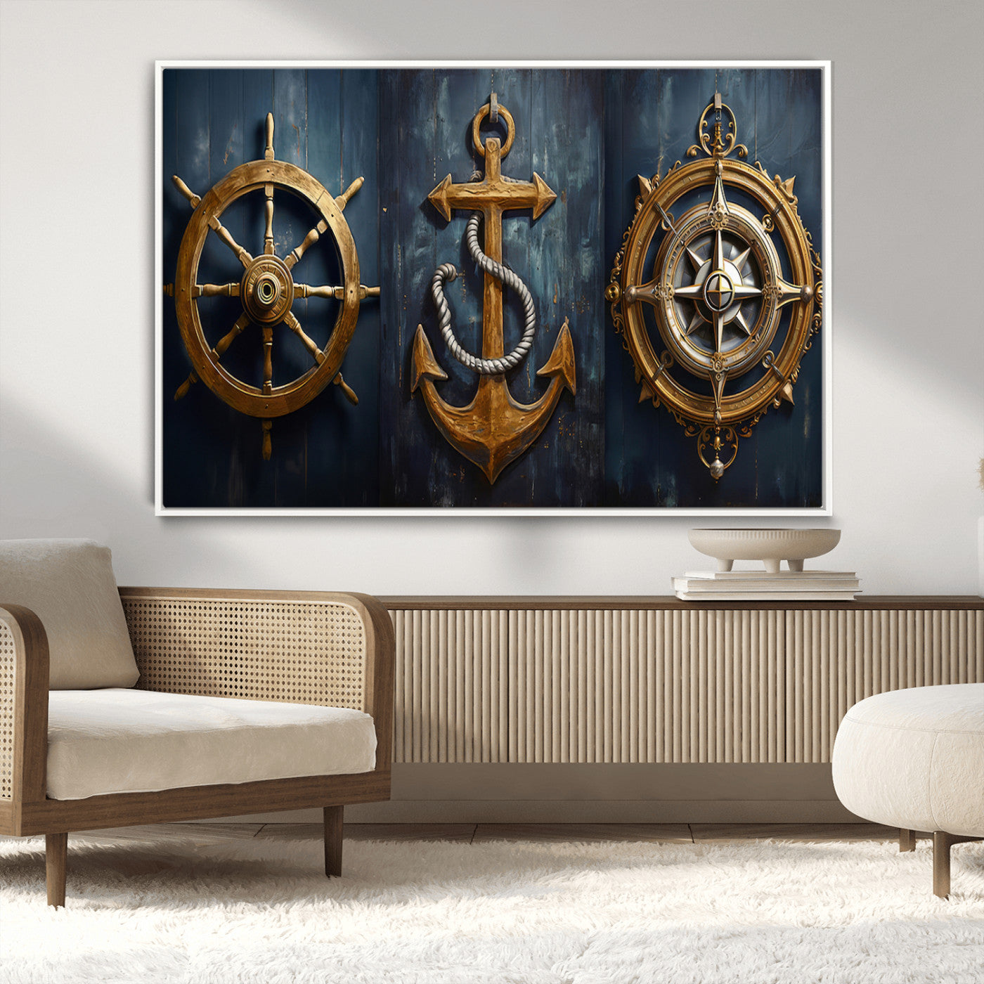 MGV-FC-36X24 - Boat Anchor Compass With Rope Wall Art Canvas Print | Beach House Wall Art