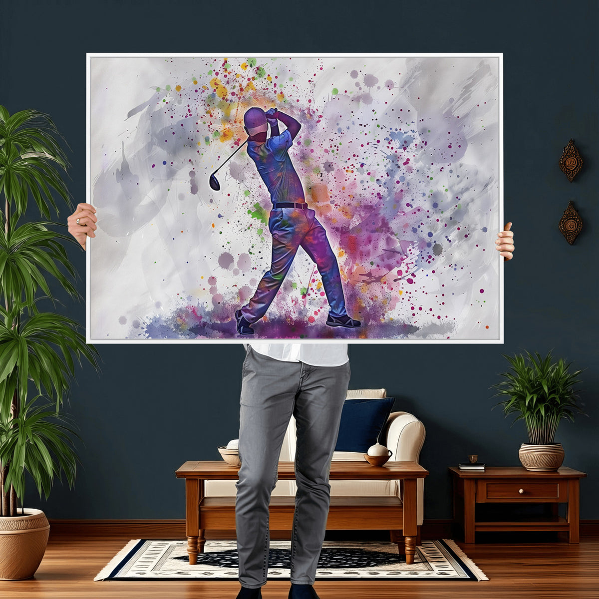 60116-MGV-CV-36X24 - Watercolor Golf Swing Wall Art Canvas Print, Vibrant, Framed and Ready to Hang