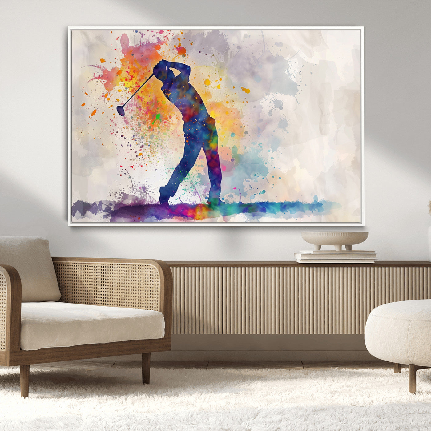 MGV-FC-36X24 - Watercolor Golf Swing Wall Art Canvas Print | Vibrant Abstract Golf Player Silhouette |