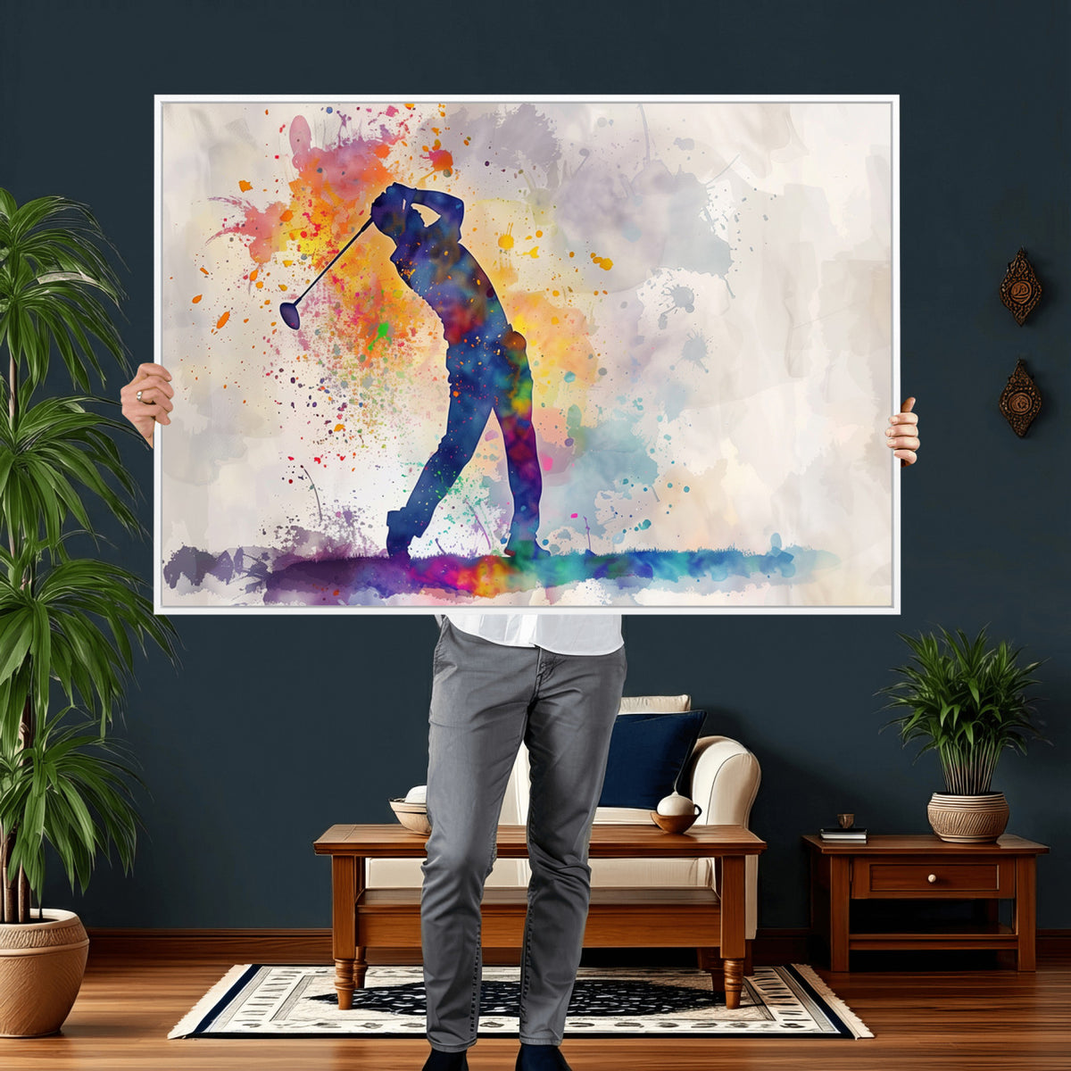 89625-MGV-CV-36X24 - Vibrant Watercolor Golf Swing Wall Art Canvas Print | Extra Large 3 Piece Canvas Wall Art