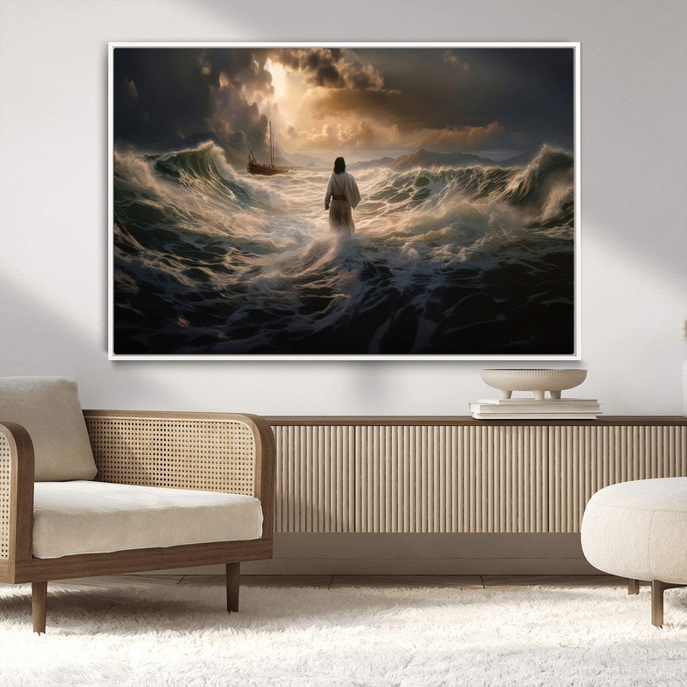 MGV-FC-36X24 - Jesus Walking on Water Wall Art Canvas Print - Religious Spiritual Decor - Jesus Wall Art Canvas