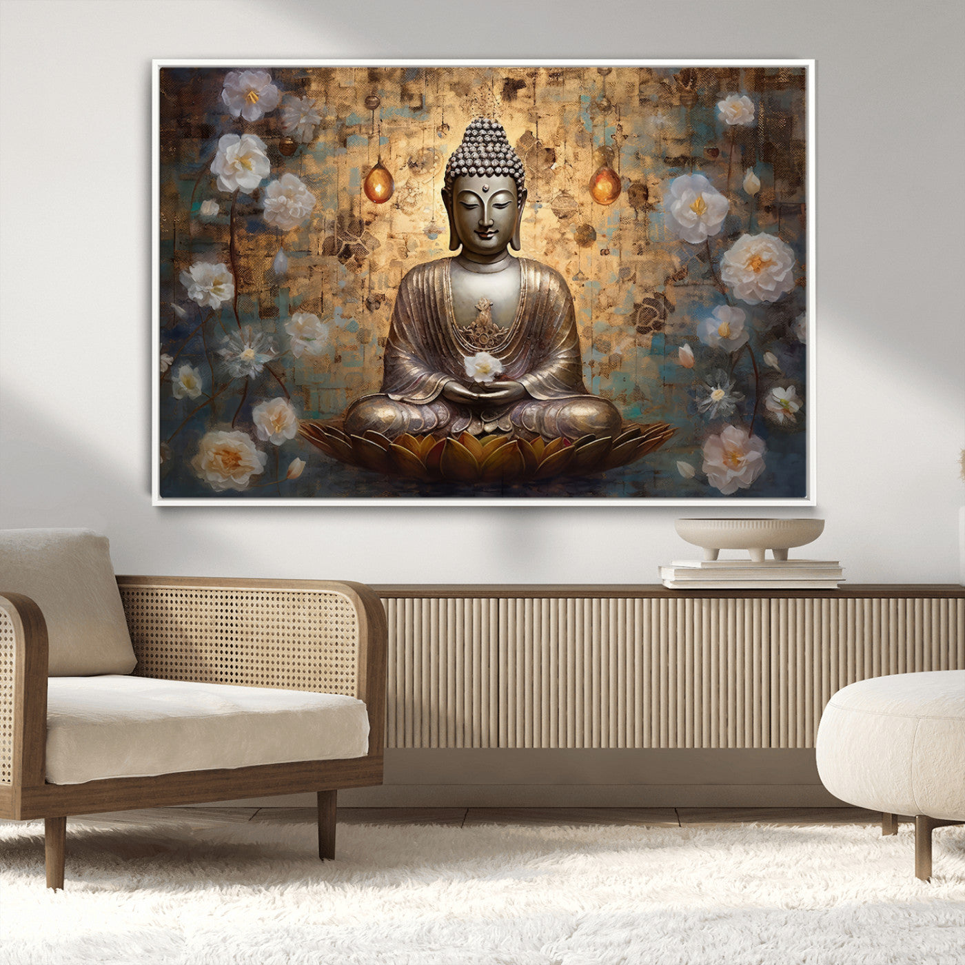 MGV-FC-36X24 - Golden Buddha Wall Art Canvas Print | Zen Meditation Floral Decor | Tranquil Spiritual Home Art |