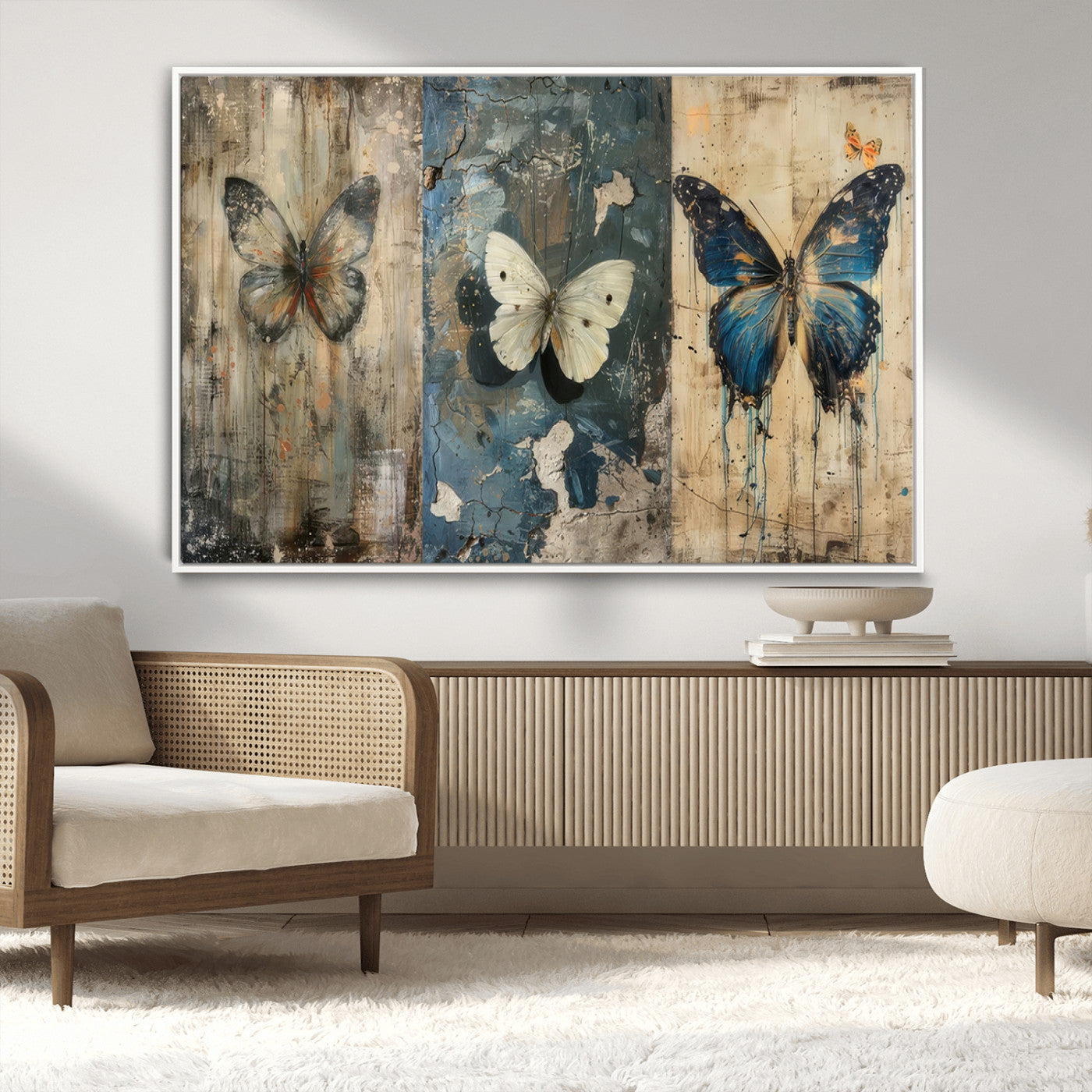 MGV-FC-36X24 - Butterfly Wall Art Trio | Vintage Butterfly Canvas Print | Ready to Hang Framed Artwork for