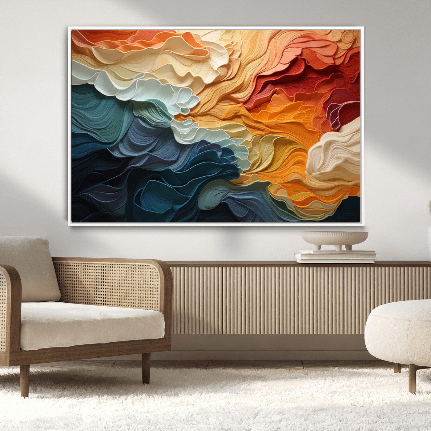 MGV-FC-36X24 - Blue Orange Abstract Wave Wall Art Canvas Print, Framed Blue Orange Wave Wall Art