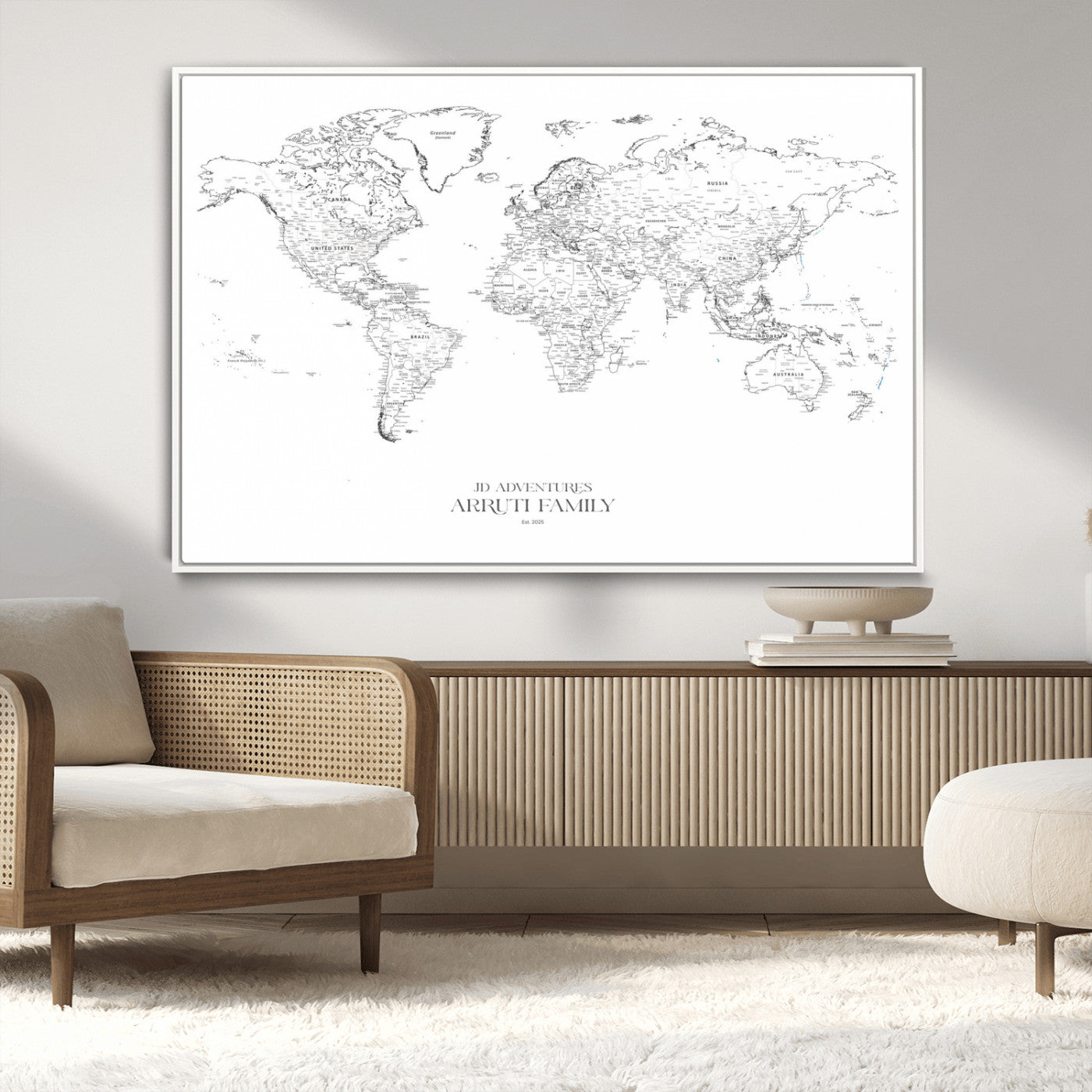 MGV-FC-36X24 - Custom World Map Wall Art – Personalized Framed Canvas Print with Push Pins for Travel Tracking,