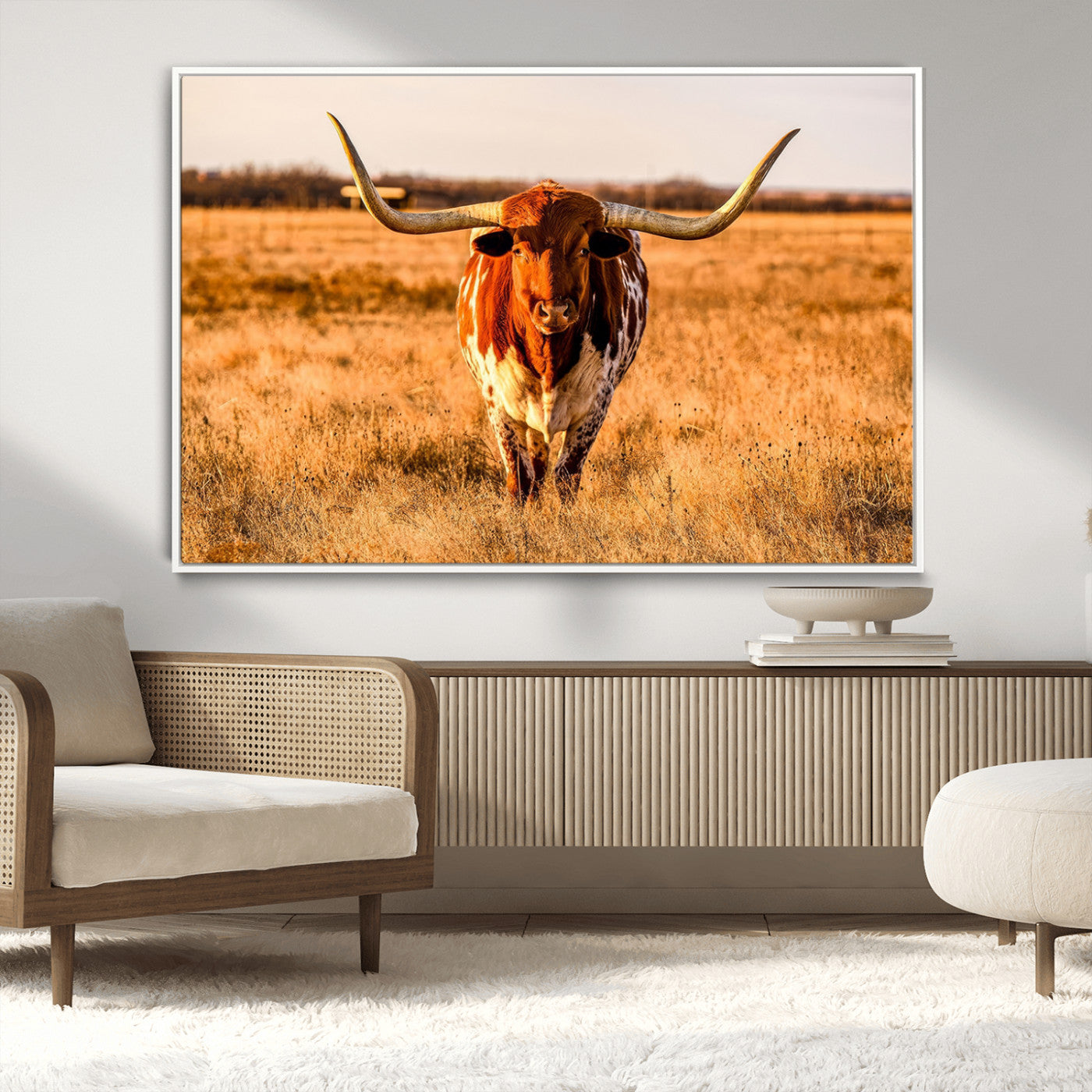 MGV-FC-36X24 - Longhorn Cow Wall Art | Ready to Hang Framed Canvas Print for Farmhouse and Barn Decor