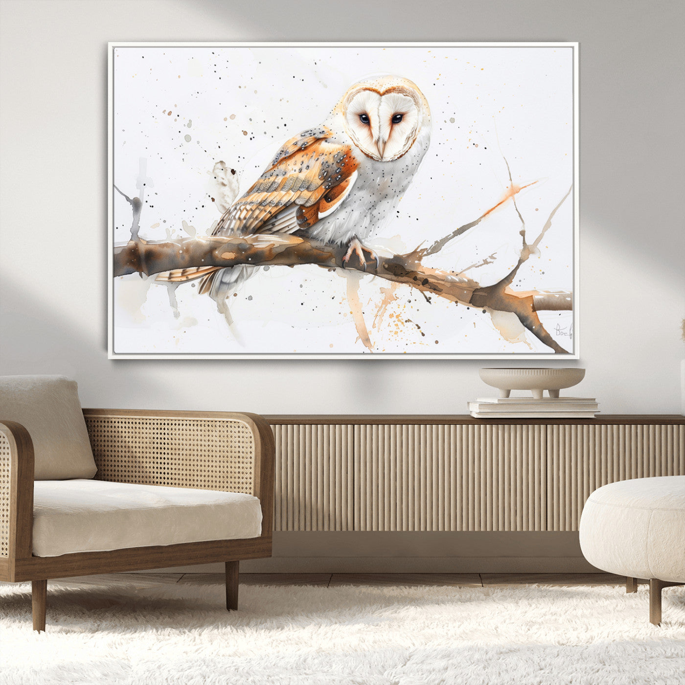 MGV-FC-36X24 - Barn Owl Wall Art on Branch | Stunning Canvas Print for Nature Lovers | Ready to Hang and Framed