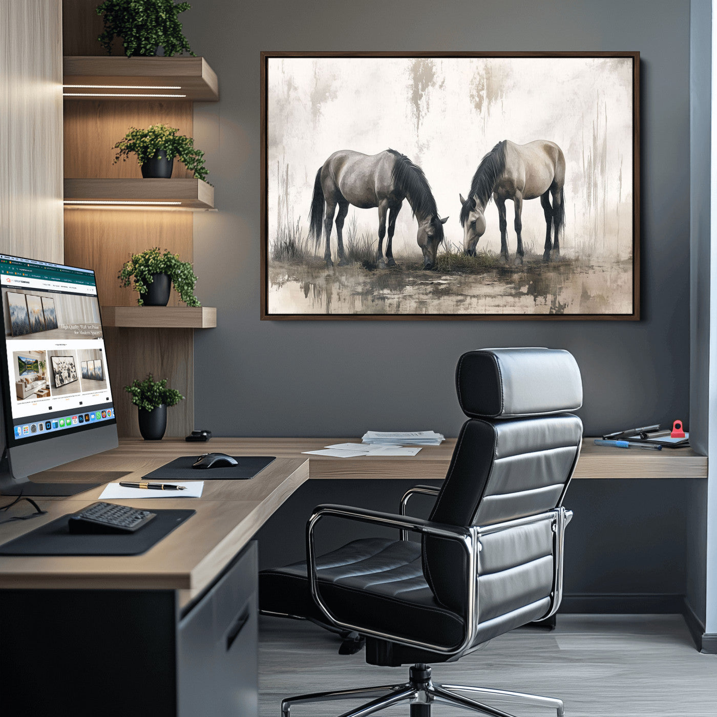 35494-MGV-CV-36X24-Chines Ink Style Vintage Horses Wall Art Canvas Print for Farmhouse Wall Decor