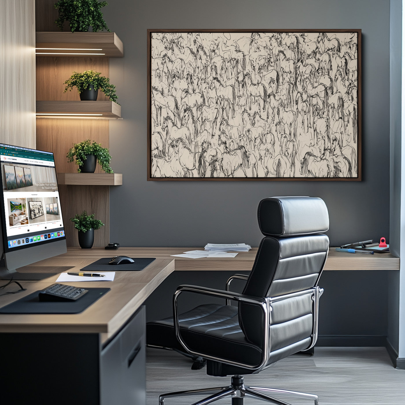 25718-MGV-CV-36X24-Abstract Horse Sketch Wall Art | Ready to Hang and Framed | Farmhouse Wall Decor for Living Room or
