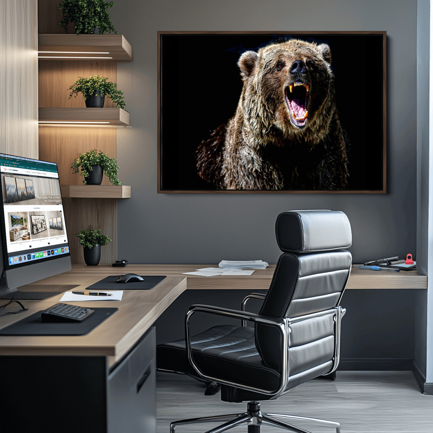 17625-MGV-CV-36X24-Grizzly Bear Canvas Print | Wildlife Wall Art for Cabin Decor | Ready to Hang Framed