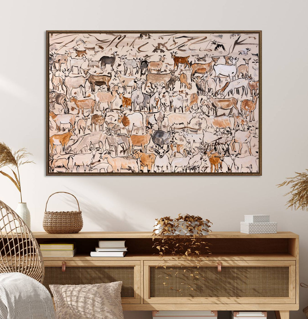 Framed Goat Herd Wall Art in minimal brush strokes on a beige backdrop, ideal for farmhouse or cabin decor.