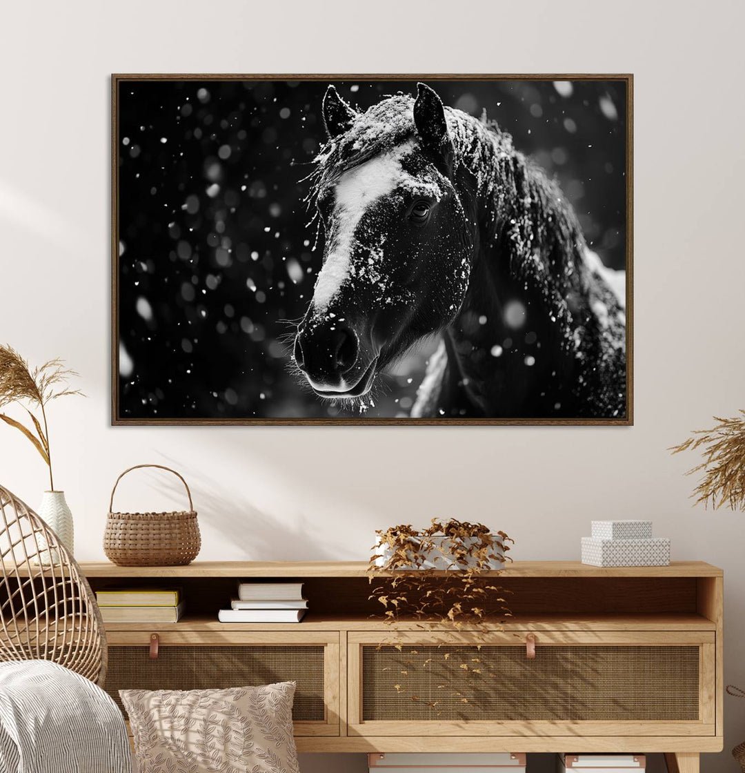 The Winter Horse Wall Art showcases a gentle horse print with snowflakes, ideal for rustic farmhouse or cabin decor.