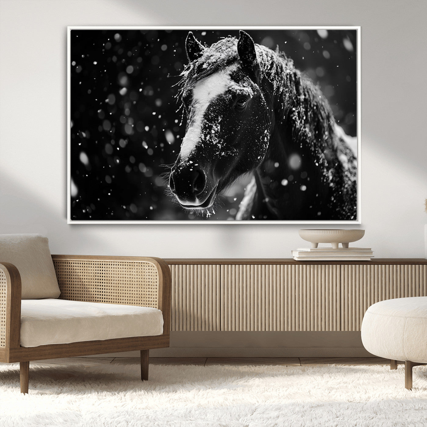 MGV-FC-36X24 - Winter Horse Wall Art | Black and White Horse Print | Ready to Hang and Framed | Farmhouse Wall Art