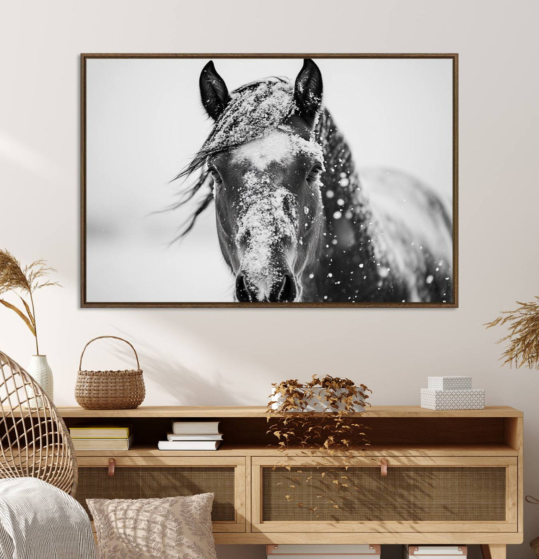 This black and white winter horse wall art enhances any decor; it is ready to hang and framed for a farmhouse or Western style.