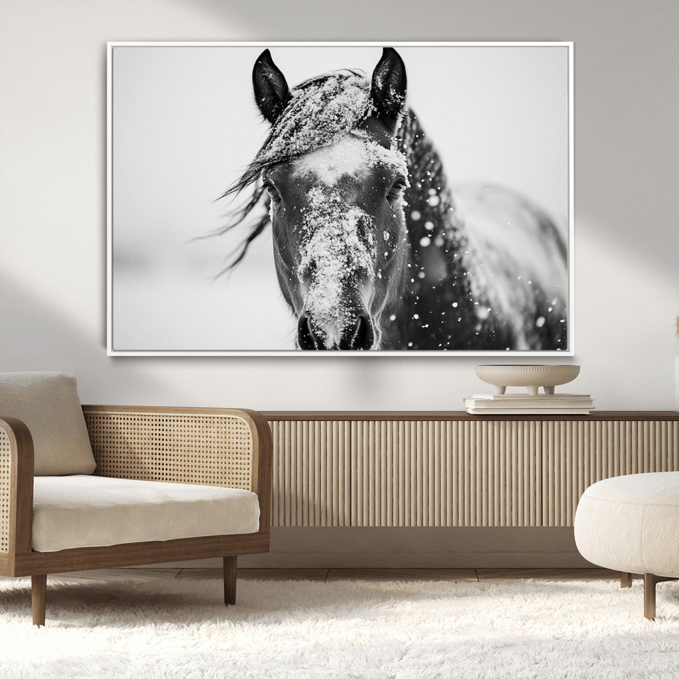 MGV-FC-36X24 - Western Wall Art | Black and White Winter Horse Wall Art | Ready to Hang and Framed | Farmhouse and