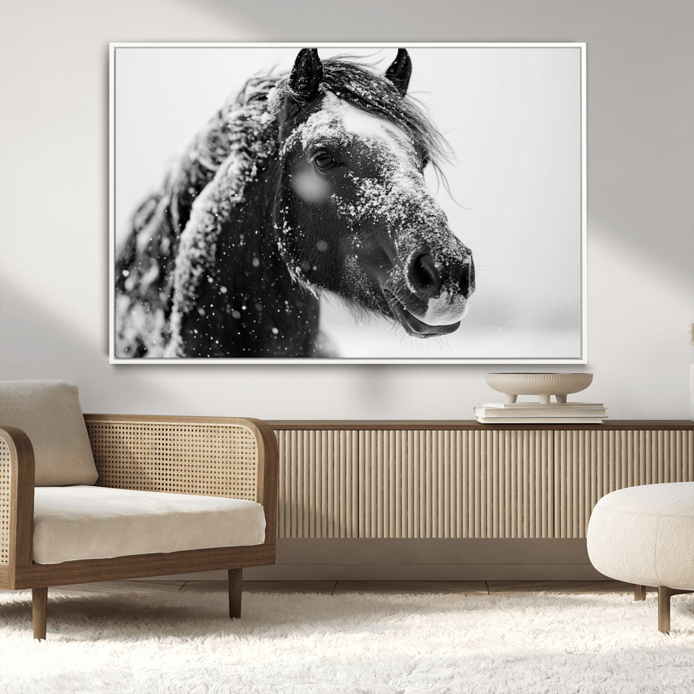 MGV-FC-36X24 - Winter Horse Canvas Print | Large 3-Panel Black White Equine Photography for Rustic Farmhouse Wall