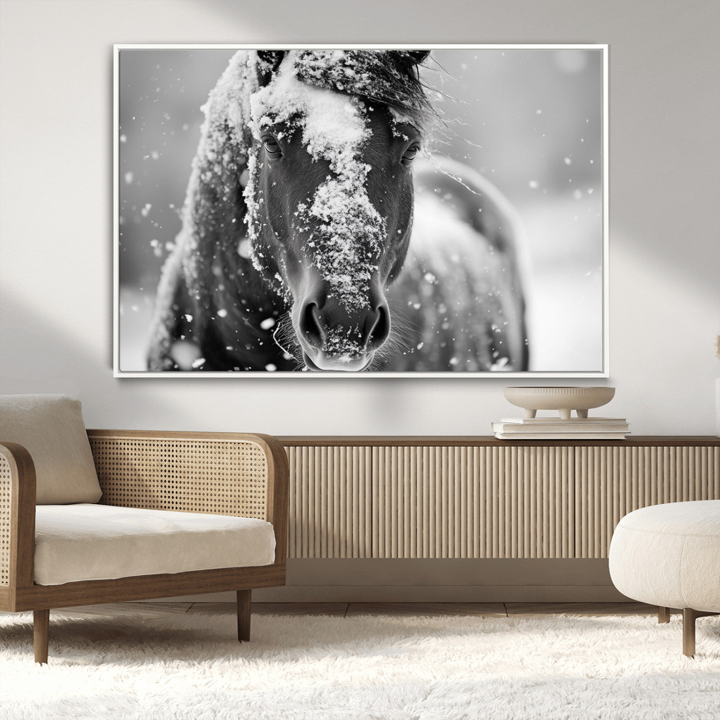MGV-FC-36X24 - Black and White Horse Winter Wall Art | Ready to Hang and Framed | Farmhouse Wall Decor | Western