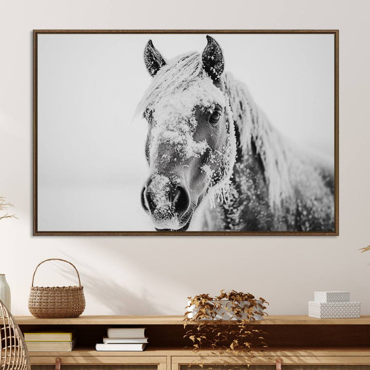 White Horse Wall Art: A black and white photo of a snow-covered horse, framed and ready to hang for farmhouse decor.