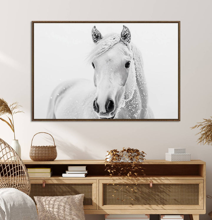 The dining room features the Majestic White Horse Wall Art, adding to its rustic charm.