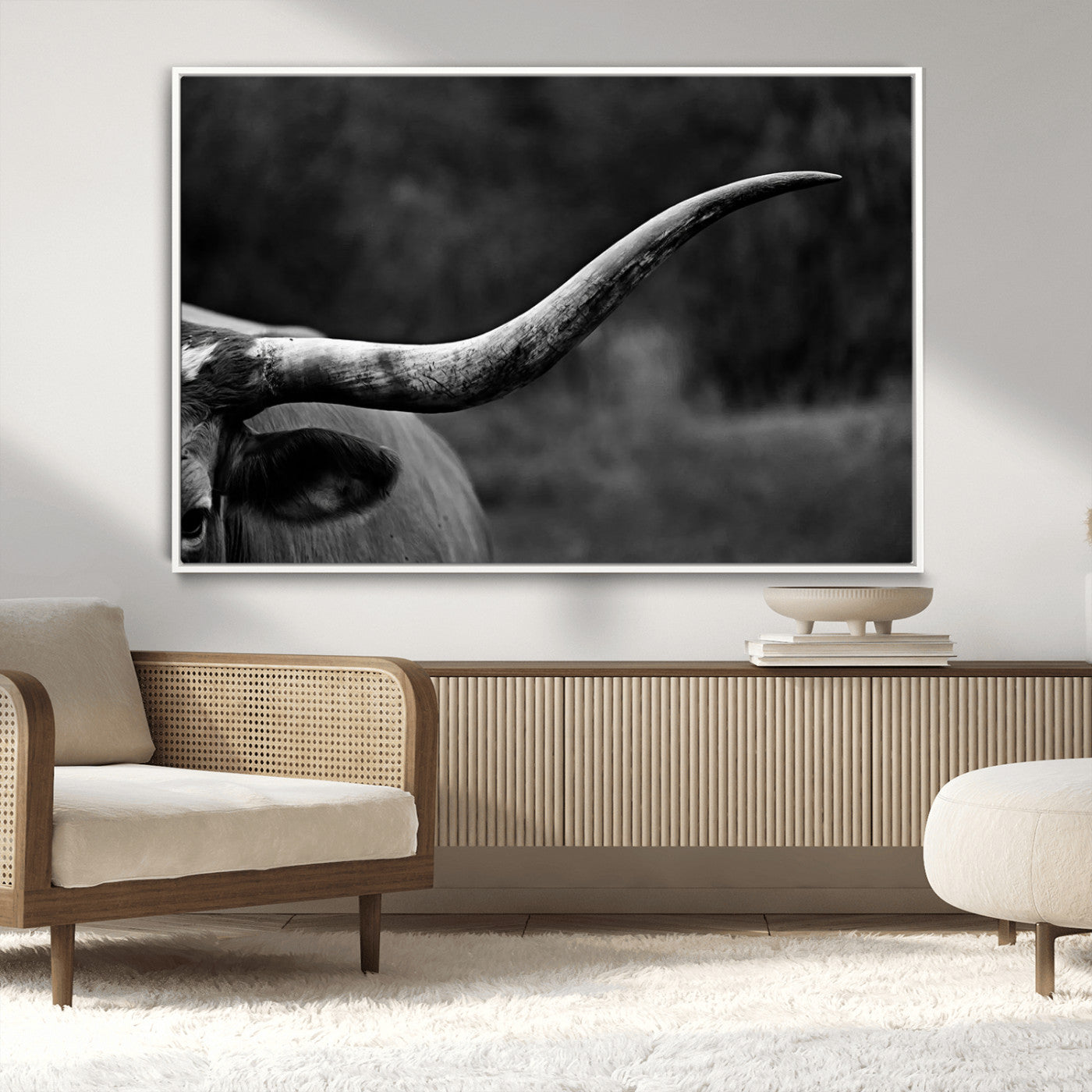 MGV-FC-36X24 - Cow Longhorn Wall Art | Black and White Print | Ready to Hang and Framed | Farmhouse Wall Decor |