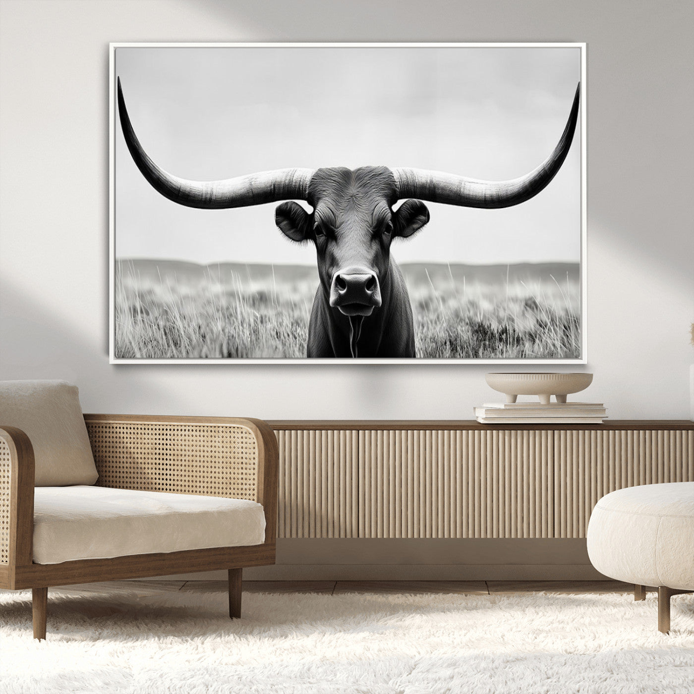 -Longhorn Bull Canvas Print | Rustic Farmhouse Wall Art | Western Decor | Ready to Hang and Framed