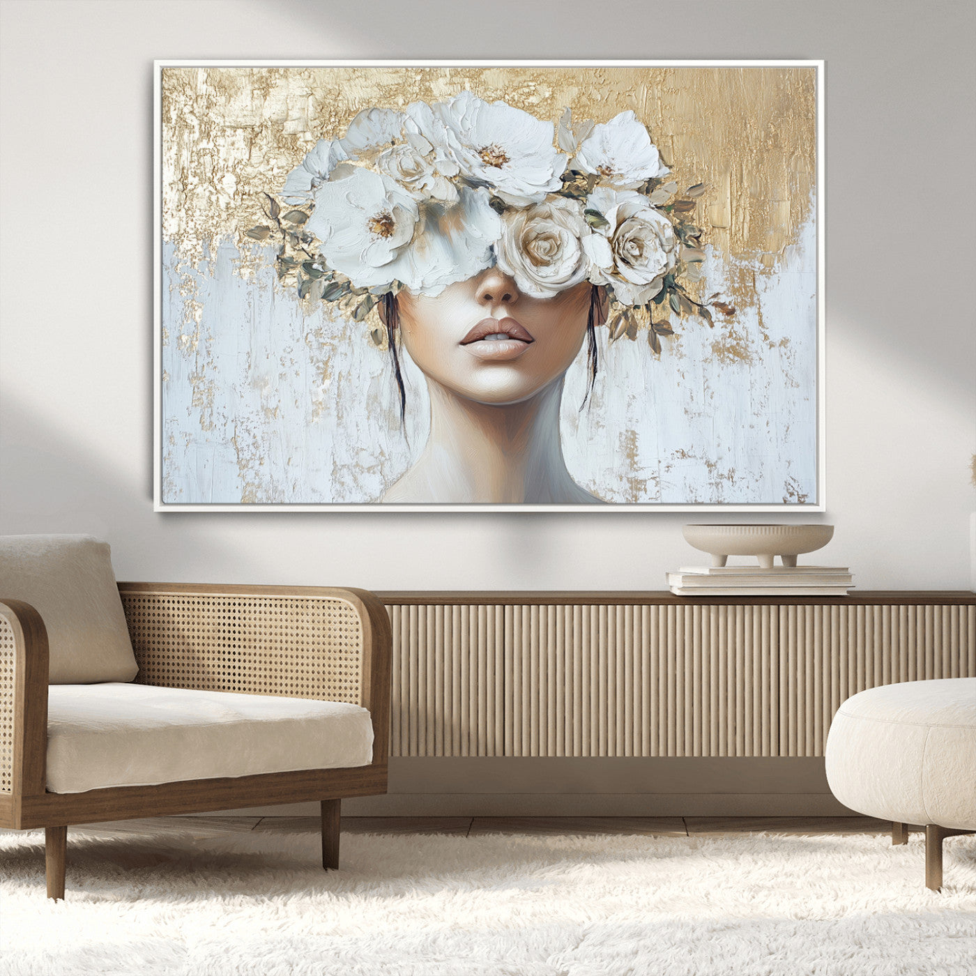 MGV-FC-36X24 - Golden Petal Wall Art - Canvas Print Flower Head Woman Painting Floral Woman Portrait Wall Decor,