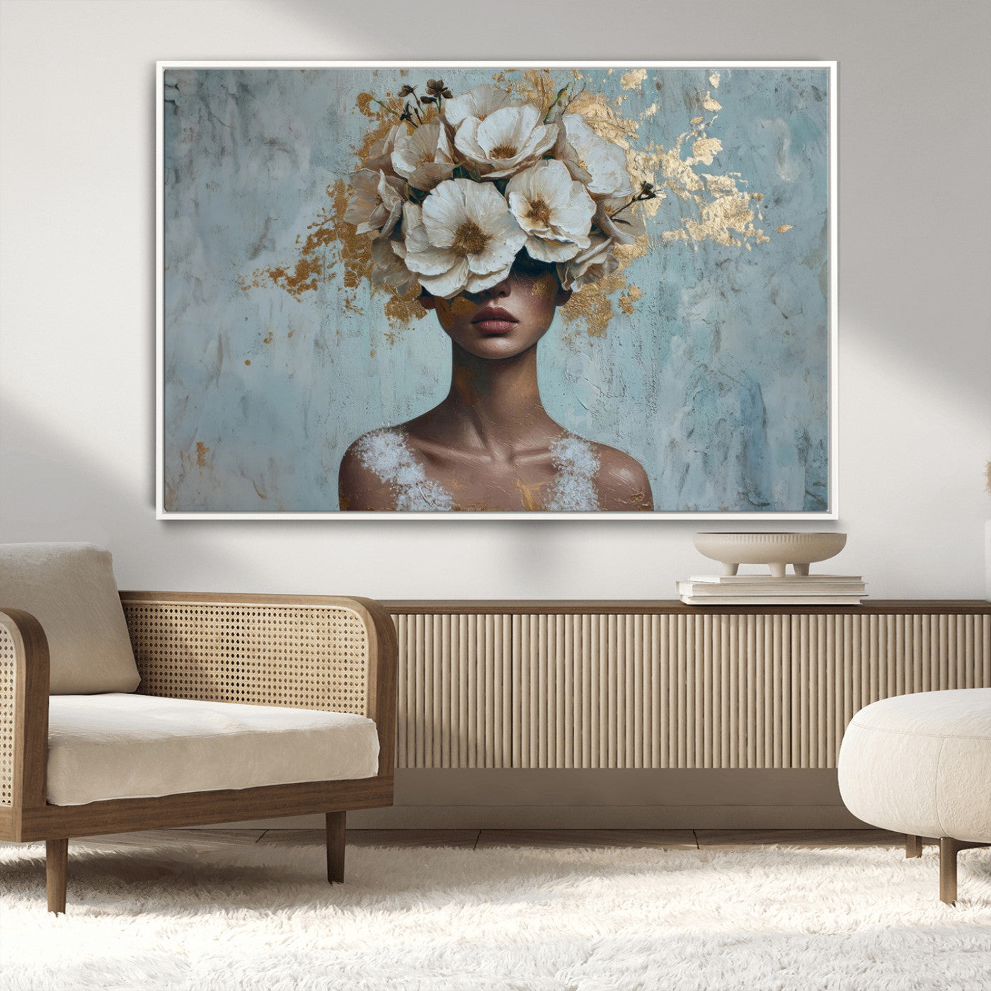 MGV-FC-36X24 - Golden Petal Wall Art - Petal Silhouette Woman Wall Art Canvas Print | Large 3-Panel Canvas with