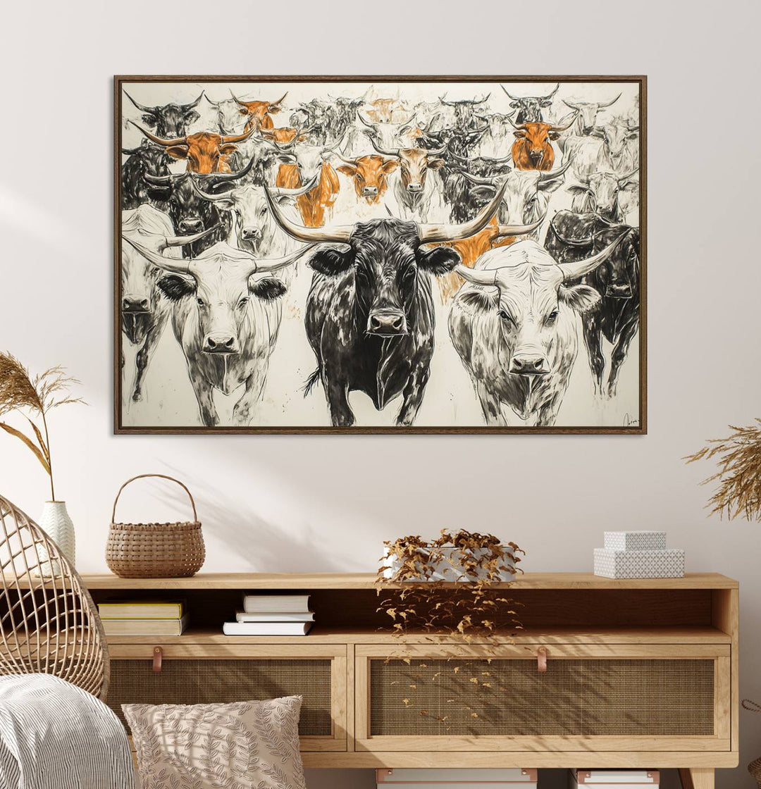 Texas Longhorn Wall Art canvas features cattle artwork with an abstract design, perfect for farmhouse decor on a porch.