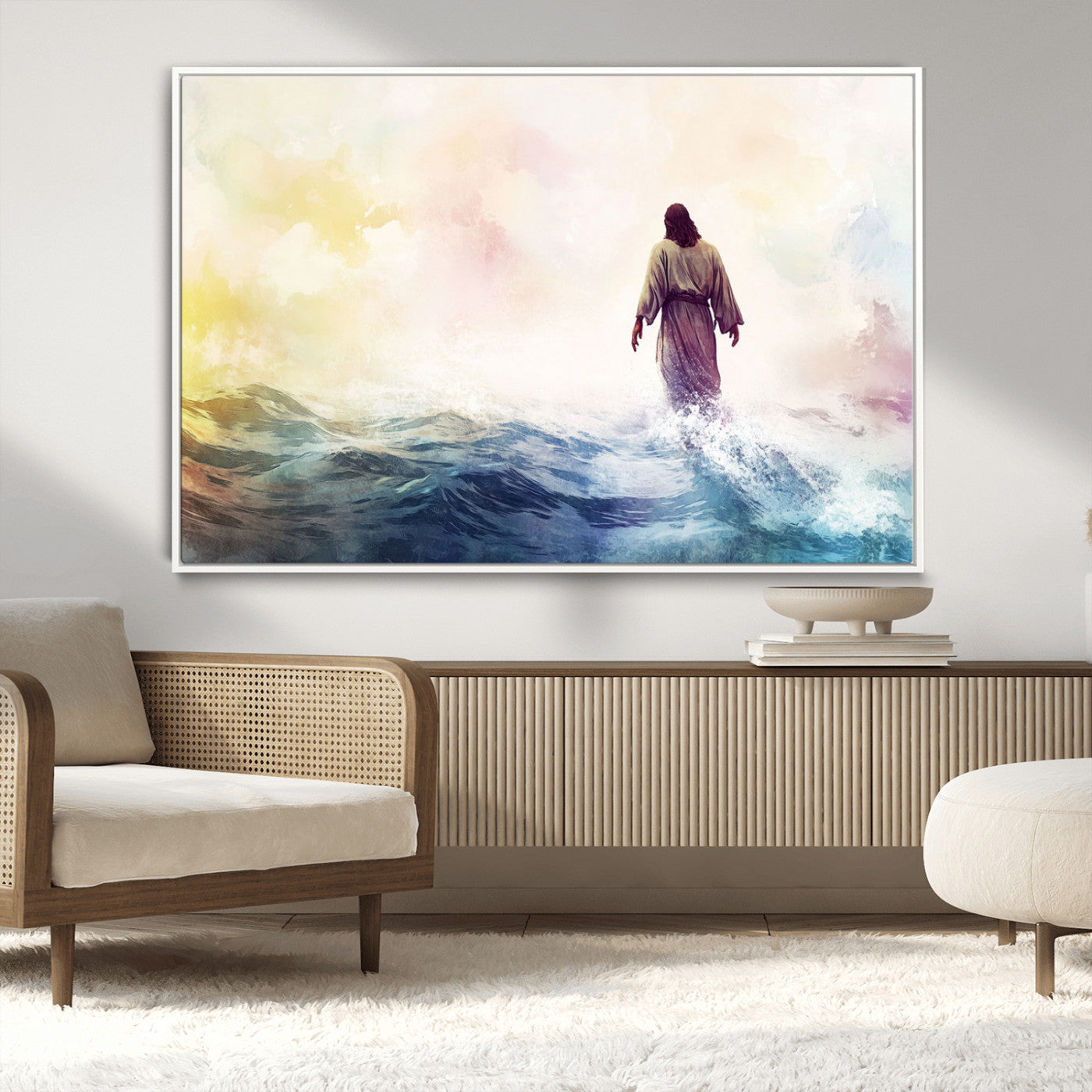 MGV-FC-36X24 - Watercolor Jesus Walking on Water Canvas Print, Christian Wall Art, Jesus Christ Walking