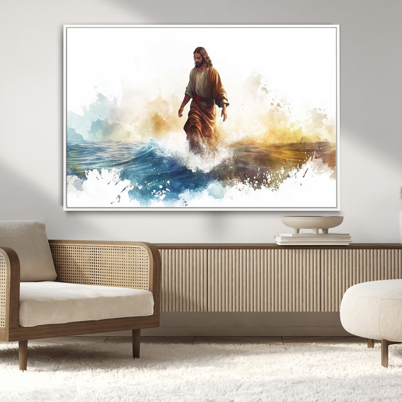MGV-FC-36X24 - Watercolor Jesus Walking Wall Art Print, Jesus Water Canvas Print, Christian Wall Art, Jesus Christ
