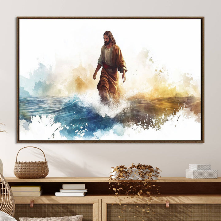 This watercolor canvas print depicts Jesus walking, characterized by abstract splashes against a serene background. It serves as a beautiful piece of Christian wall art.