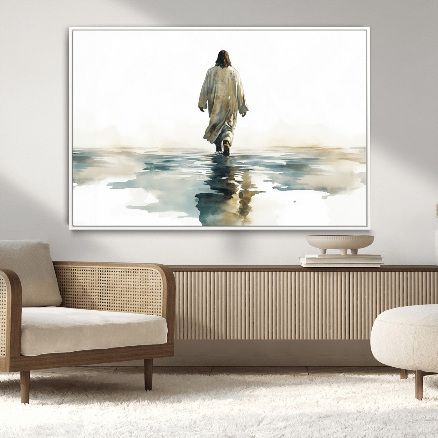 MGV-FC-36X24 - Watercolor Jesus Walking on Water Canvas Print, Christian Wall Art, Jesus Christ Walking