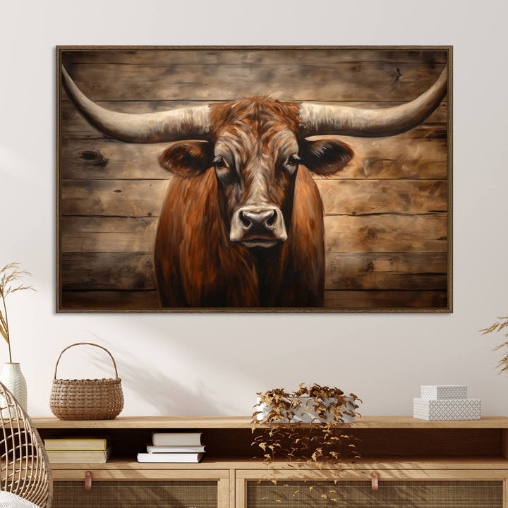 Longhorn Bull Canvas Print: Rustic Farmhouse Decor, Ready to Hang Western Barn Art.