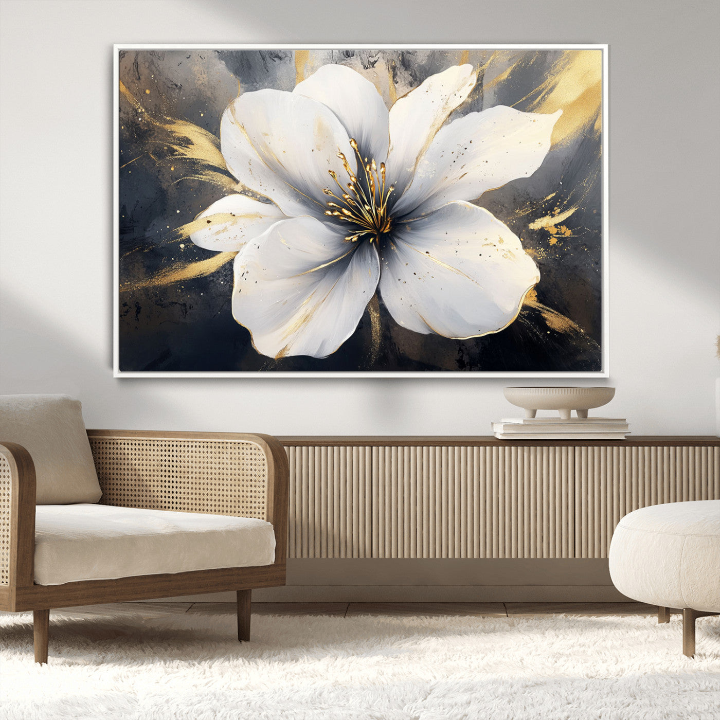 MGV-FC-36X24 - White Flower Wall Art Canvas Print | Ready to Hang | Abstract Floral Wall Decor | Elegant Bloom