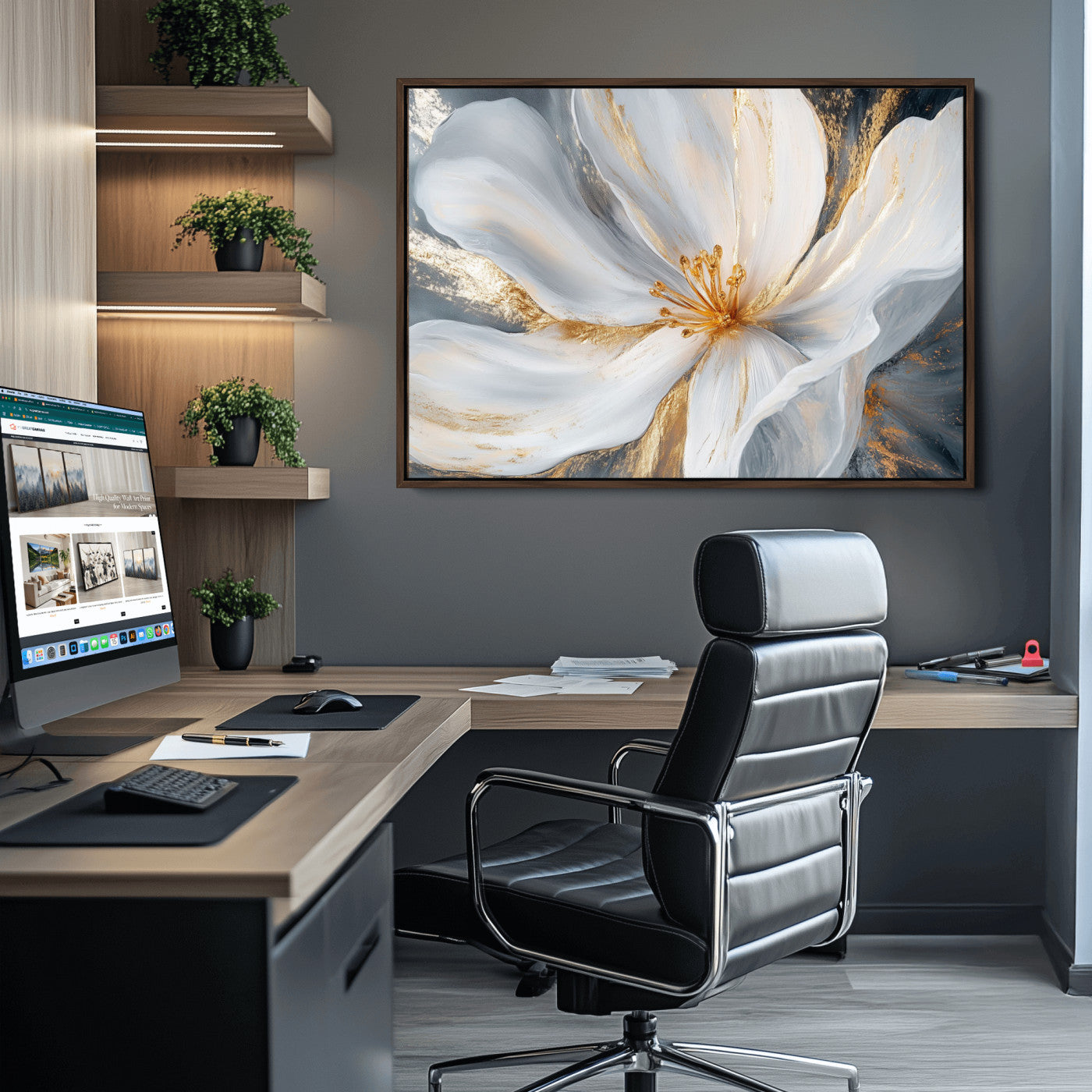 83149-MGV-CV-36X24-White and Gold Floral Canvas Wall Art - Framed and Ready to Hang - Perfect for Modern Living Rooms