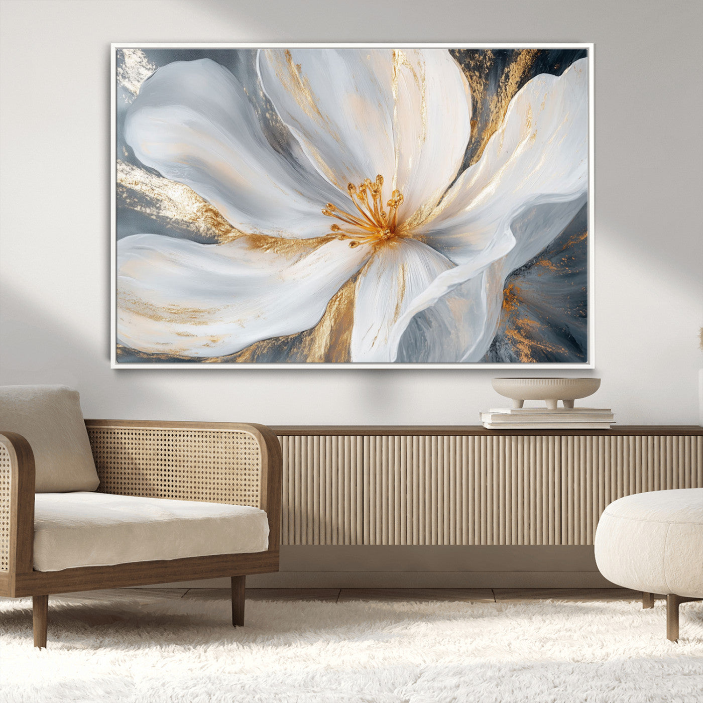 MGV-FC-36X24 - White and Gold Floral Canvas Wall Art - Framed and Ready to Hang - Perfect for Modern Living Rooms