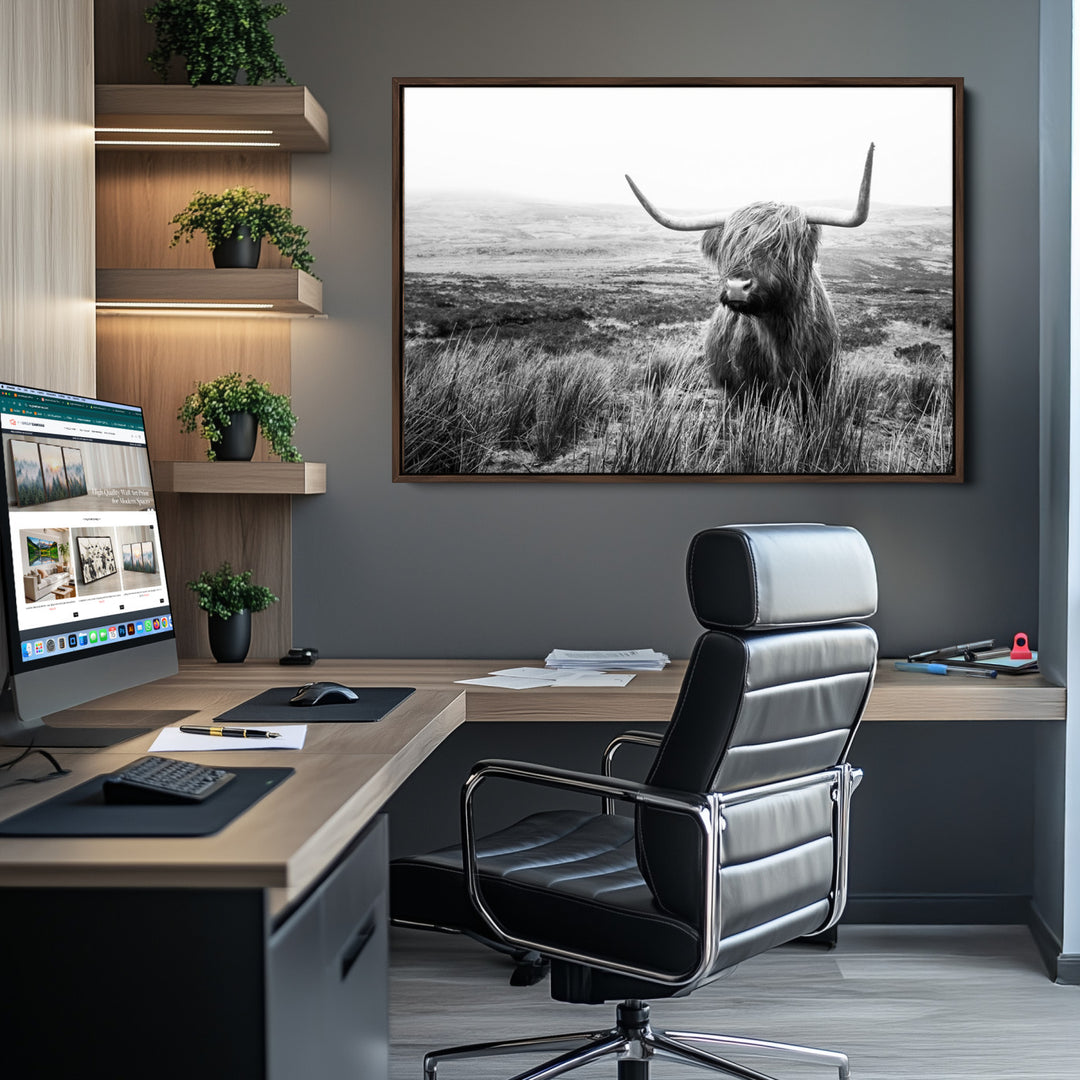 Scottish Highland Cow Wall Art | Black and White Canvas Print | Ready to Hang and Framed | Rustic Farmhouse Wall Decor for Living Room or
