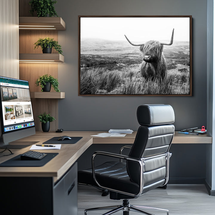Scottish Highland Cow Wall Art | Black and White Canvas Print | Ready to Hang and Framed | Rustic Farmhouse Wall Decor for Living Room or