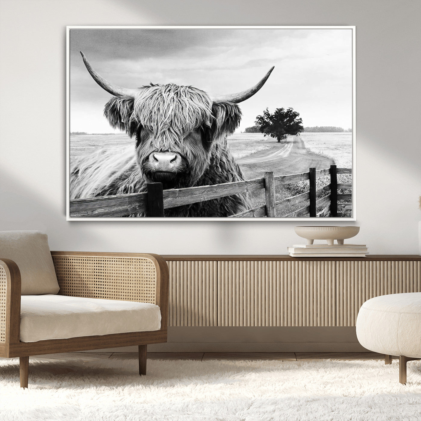 MGV-FC-36X24 - Scottish Highland Cow Wall Art | Rustic Farmhouse Décor | Black and White Ready to Hang Canvas Print